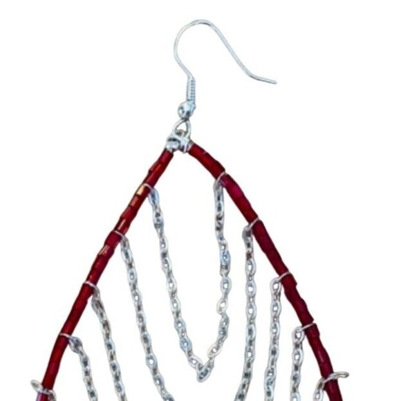 Red Beaded Teardrop Hoop Earrings with Silver Chains Boho Handmade Jewelry 3.5" - Picture 4 of 6